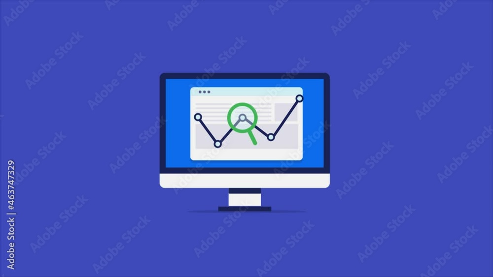 SEO, website analytics software displaying web traffic data, conversion report, visitor information, sales graph, chart on screen. Business analytics, successful seo campaign, 2d animation.
