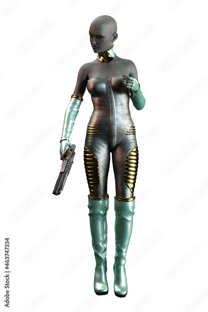 Scifi Alien Woman with Gray Skin, 3D Illustration, 3D rendering