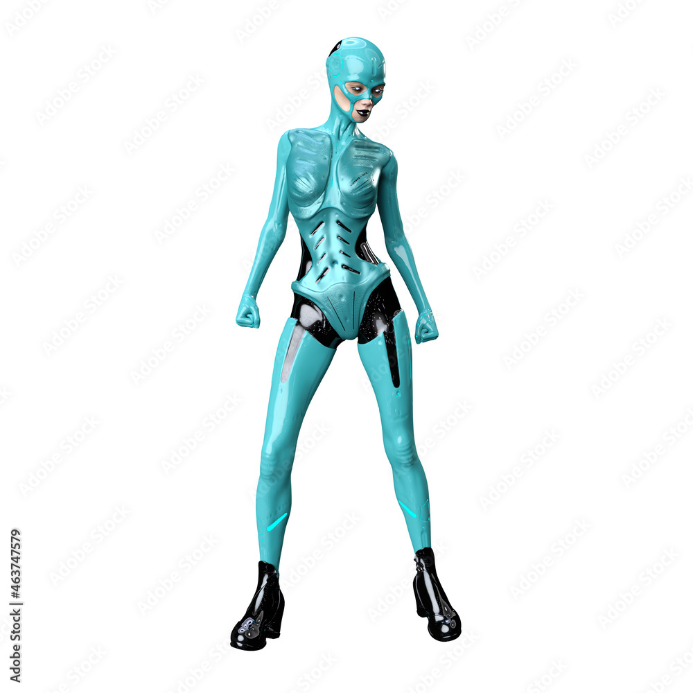 Cyborg woman on isolated white background, 3D Illustration, 3D rendering Cyborg woman on isolated white background, 3D Illustration, 3D rendering