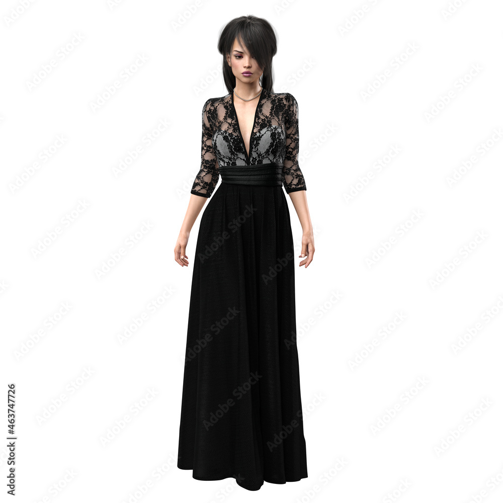 Woman in beautiful black evening gown, 3D Rendering, 3D Illustration Woman in beautiful black evening gown, 3D Rendering, 3D Illustration