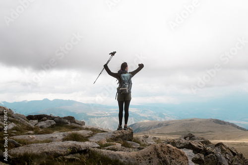 Excursionist taking a selfie after the hard walk photo