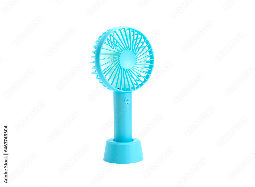blue mini electric portable fan isolated on a white background. - obrazy, fototapety, plakaty 