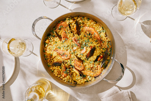Pan with delicious Paella dish