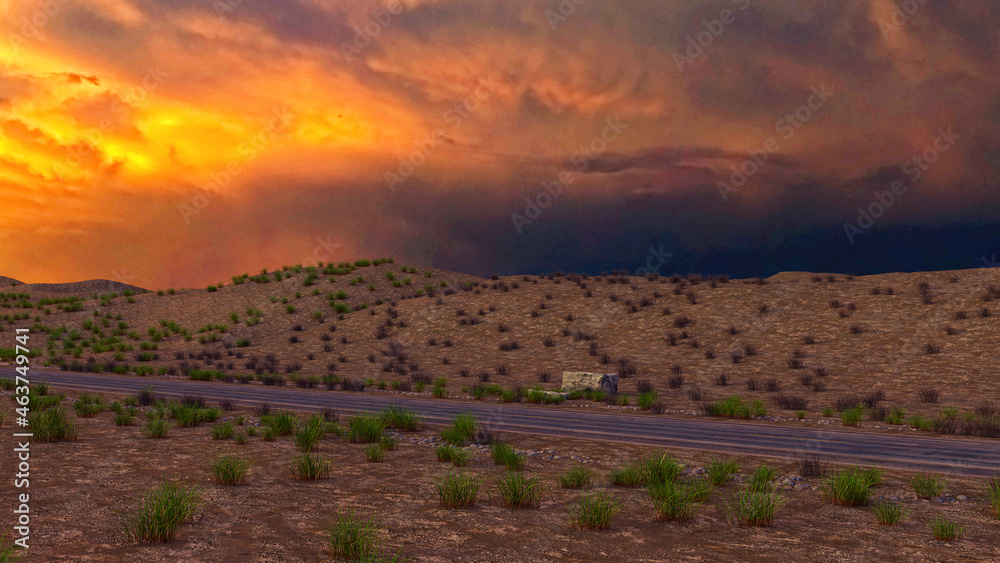 Long Road Stormy Sky, 3D Illustration, 3D Rendering