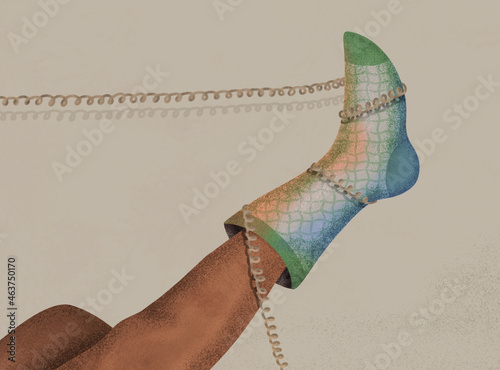 Female legs  tangled with telephone wire photo