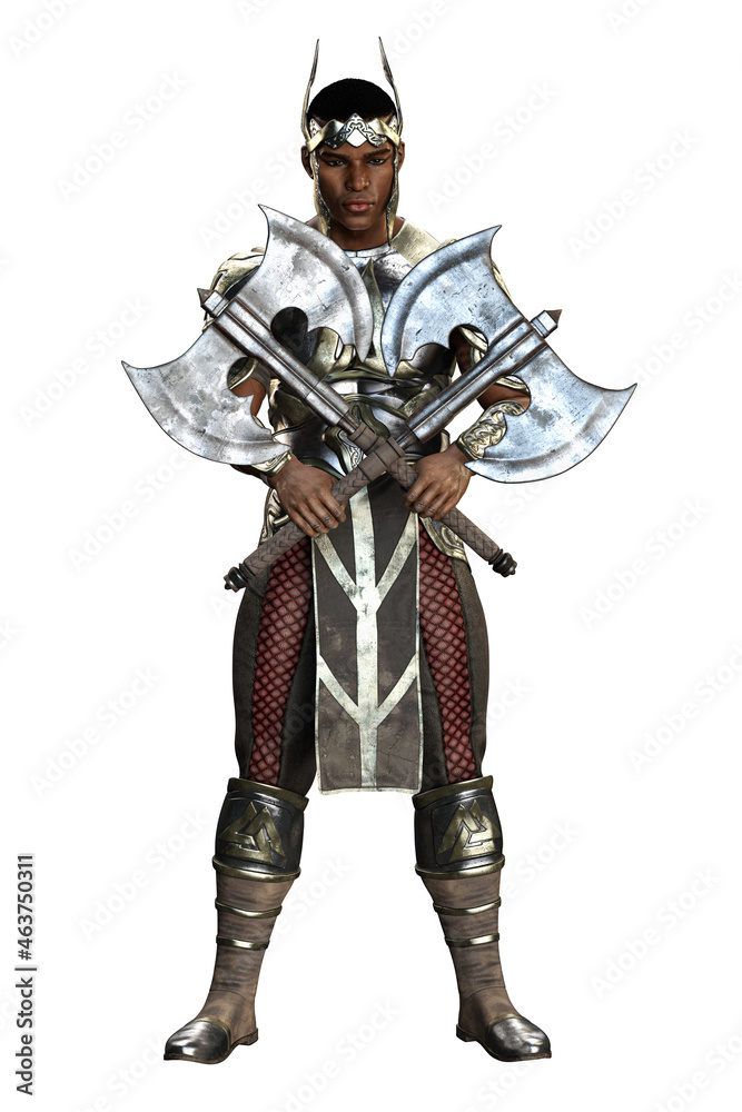 Fototapeta premium Medieval Fantasy POC Warrior King Man with sword on isolated white background, 3D illustration, 3D Rendering