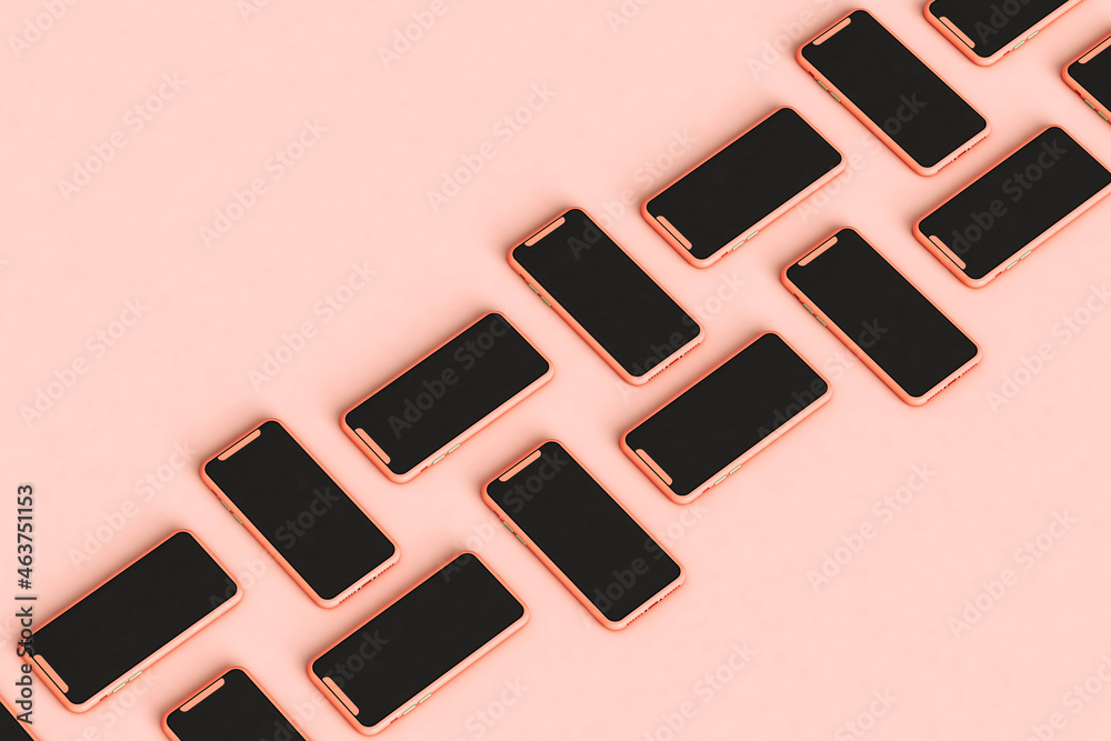 Mobile phones crossing the frame on pink Stock Photo | Adobe Stock