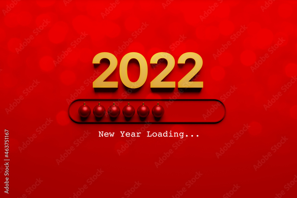 New year loading concept. 2022 and christmas ball on luxury red background with bokeh and loading bar. 3d rendering illustration New year loading concept. 2022 and christmas ball on luxury red background with bokeh and loading bar. 3d rendering illustration