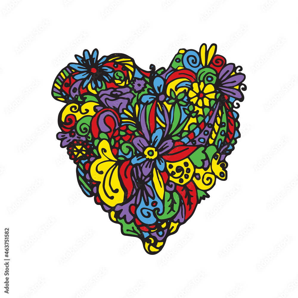 Doodle floral heart illustration. Vector bright lineart.