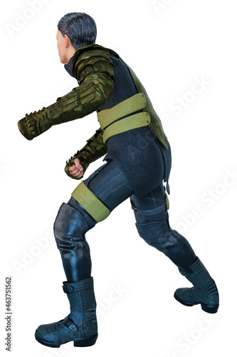 Scifi Military Man Crouching Down, 3D Illustration, 3D rendering