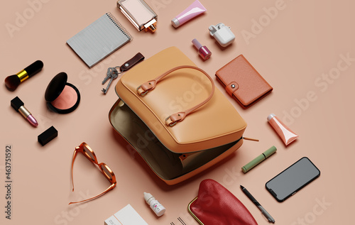 Necessary accessories and a handbag purse photo