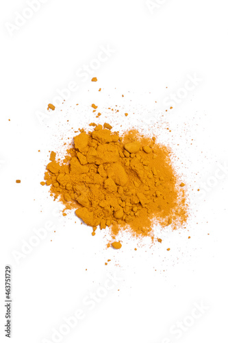 Dry turmeric powder isolated on white background.Close-up of powder orange color turmeric.top view.