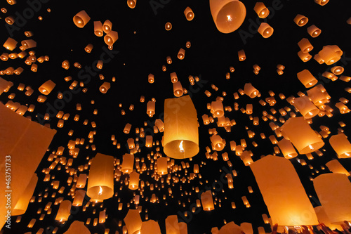 Tourist floating sky lanterns in Loy Krathong festival , Chiang Mai ,Thailand. photo