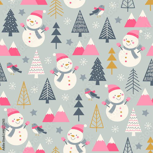 Cute snowman and pine tree seamless pattern for new year and christmas holidays.
