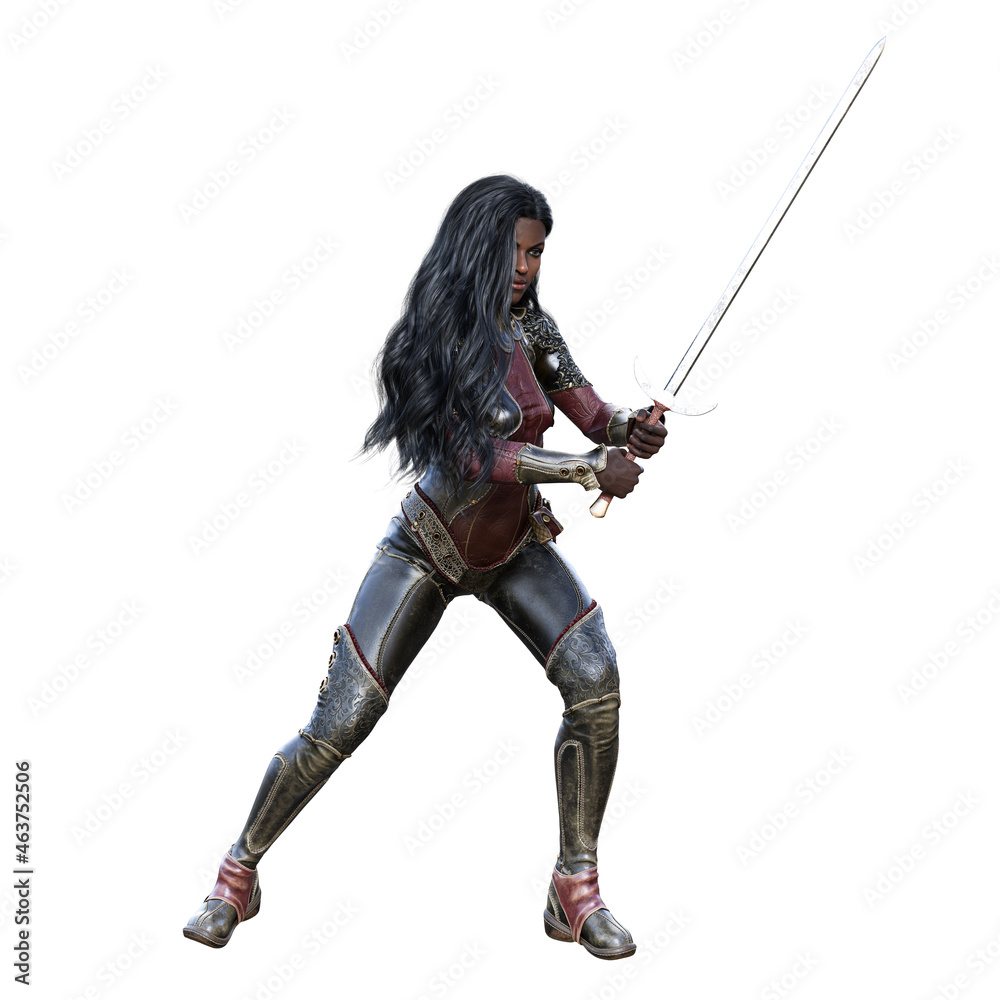 POC Medieval Fantasy Warrior Woman with sword on isolated white background, 3D illustration, 3D Rendering POC Medieval Fantasy Warrior Woman with sword on isolated white background, 3D illustration, 3D Rendering