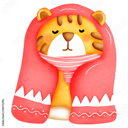 the tiger watercolor is covered by blanket.The winter season make it cold.the character is suitable for card and printable christmas or new year invitation.