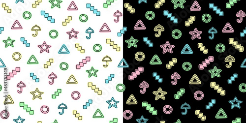Seamless pattern with geometric shapes on a white and black background. Isolated black and white silhouettes of umbrella, triangle, circle, star and ladder. Multi-colored elements from the game.