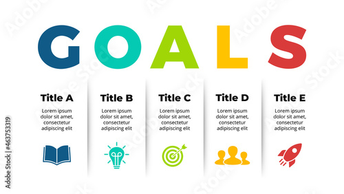 Goals infographic. Presentation slide template. Paper diagram chart with 5 steps, processes. 