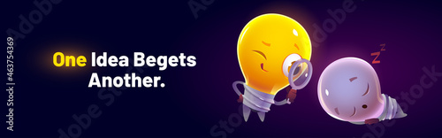 Poster with motivation quote and two light bulbs. Concept of one idea begets another. Vector banner with cartoon illustration of cute glowing lamp character with magnifier and sleeping one