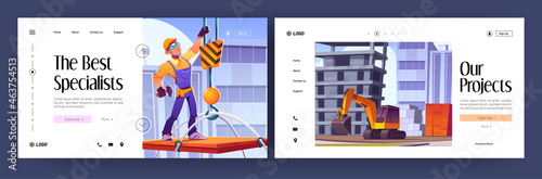 Construction industry cartoon landing pages. Excavator machinery working on building site, worker builder in hardhat and overalls stand on crane lifting platform, contractor job, Vector web banner