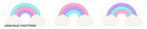Set of popit rainbows on the clouds as a fashionable silicon fidget toys. Antistress toy for fidget in pastel colors. Bubble sensory popit toy. Vector illustration isolated on a white background.