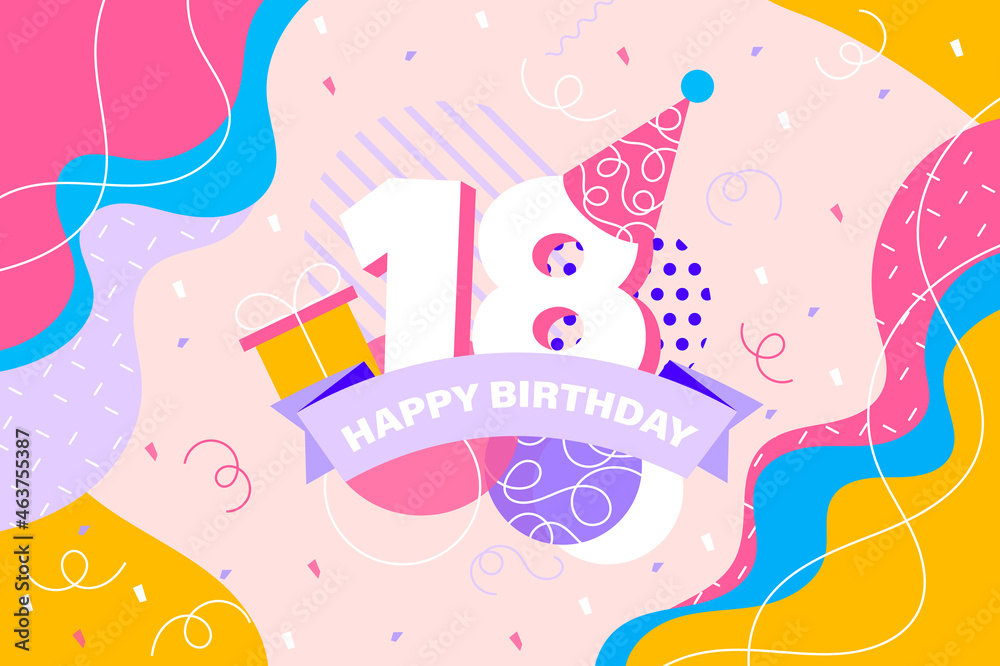 Greeting card, illustration, banner happy birthday 18 years. In the style of Doodle, Flat, Memphis, geometric shapes, circles and points, smooth wavy lines. 