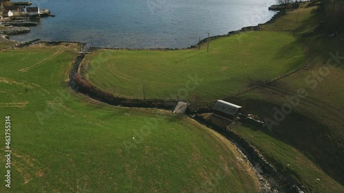 Revealing Shot Of Aardalsfiord In Rogaland County, Norway. aerial tilt-up photo