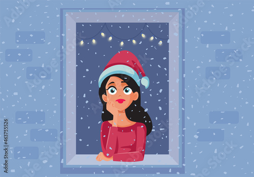Sad Woman Feeling Depressed and Alone on Christmas Vector Illustration