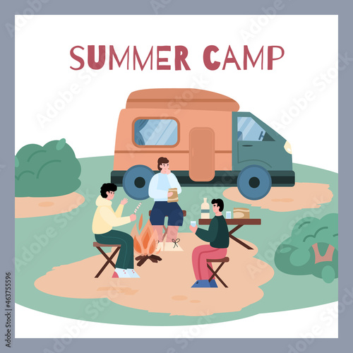 Men friends enjoy summer camping while travel by camper van. Friends eat marshmallow at campfire.