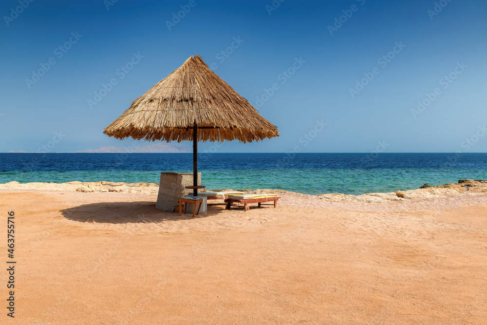 Sun umbrella and beach chairs in Sunny beach in tropical resort in in coral reef in Red Sea coast