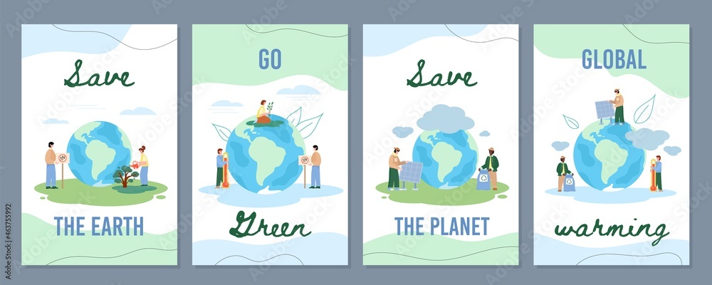 Ecological Environment saving mobile onboarding pages flat vector illustration.