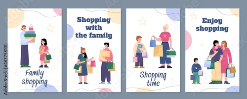 Family shopping banners for social media or mobile app flat vector illustration.