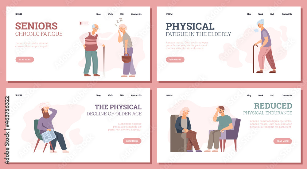 Chronic fatigue of elderly people web pages, flat vector illustration.