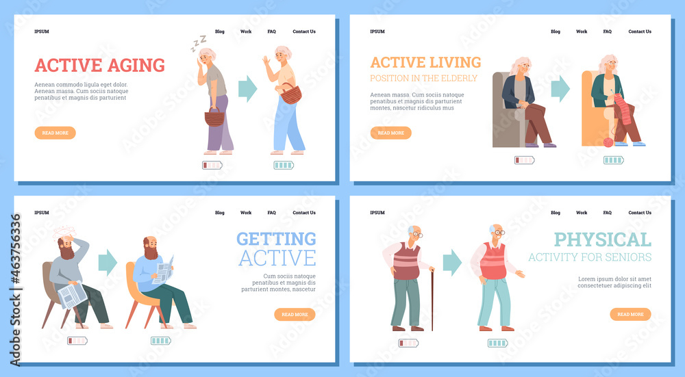 A set vector web banners with tired and energetic elderly people.