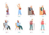 A vector set tired sick and energetic healthy elderly characters.
