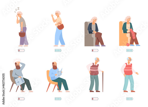 A vector set tired sick and energetic healthy elderly characters.