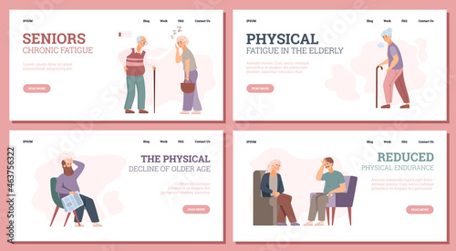 Chronic fatigue of elderly people web pages, flat vector illustration.