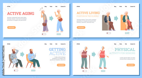 A set vector web banners with tired and energetic elderly people.