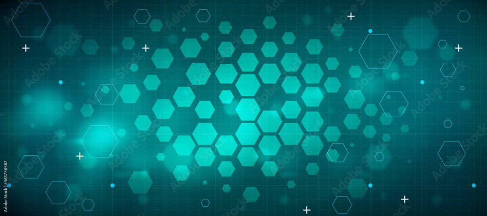 Creative glowing wide hexagonal wallpaper in color blue with mesh and grid. Landing page concept. 3D Rendering.