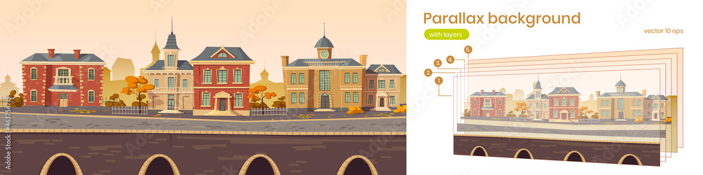 Parallax background 2d vintage city, retro autumn cityscape street with european victorian buildings along lake promenade. Cartoon game layered scene with colonial architecture, Vector illustration