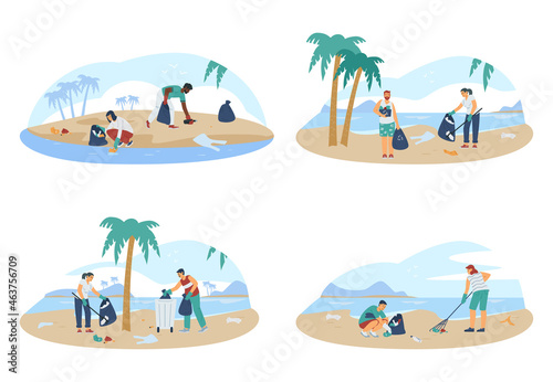 Group of volunteers during coastal cleanup event, flat vector illustration.