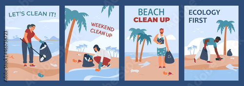 Posters with call to clean up trash and care for nature, ecology and environment
