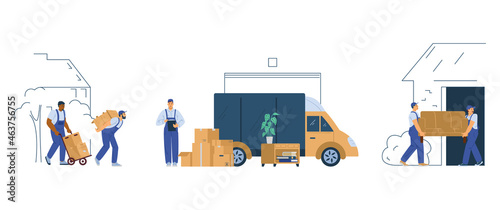 Moving service and delivery company workers, flat vector illustration isolated. photo