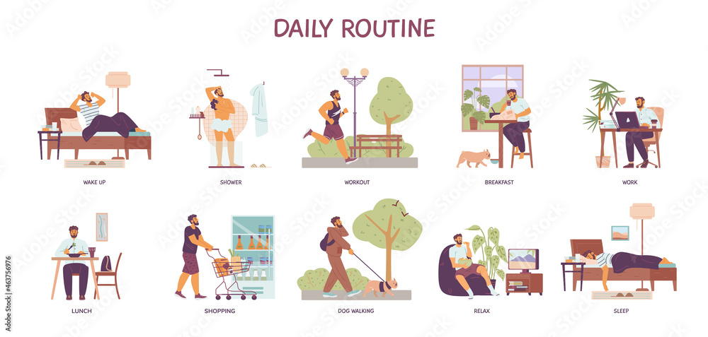 Morning to night daily routine of man, flat vector illustration isolated. Morning to night daily routine of man, flat vector illustration isolated.