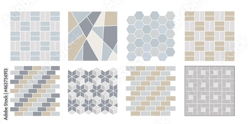 Tile pavements top view. Set of vector street, path , brick, architectural elements. Collection of pavement textures. Paving stone pattern for plan, garden, game, map, landscape design. Rock stones