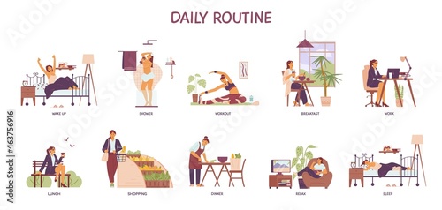 Daily routine of business woman character, flat vector illustration isolated.