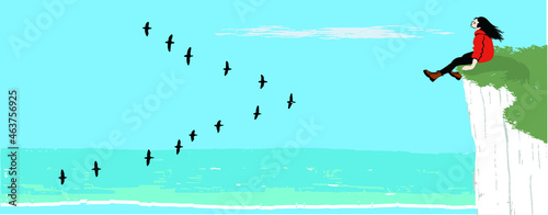 girl sitting on a high cliff on the coast and watching a flock of birds flying, the girl is wearing orange jacket, black tights and brown boots, a long cloud in the blue sky, white wave on the sea.  