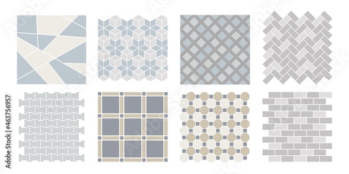 Tile pavements top view. Set of vector street , brick, architectural elements. Collection of pavement textures. Paving stone pattern for plan, garden, game, map, landscape design. Rock stones