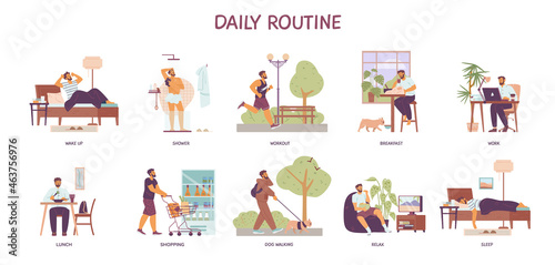 Morning to night daily routine of man, flat vector illustration isolated. photo