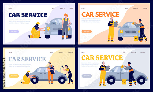 Car service. Set of templates for website of garage for car repair. Vector flat background illustration with characters for car repair business.